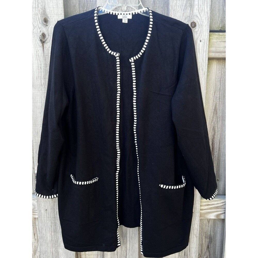 Croft & Barrow Black Open Front Cardigan Sweater White Whipstitch Women’s 1X